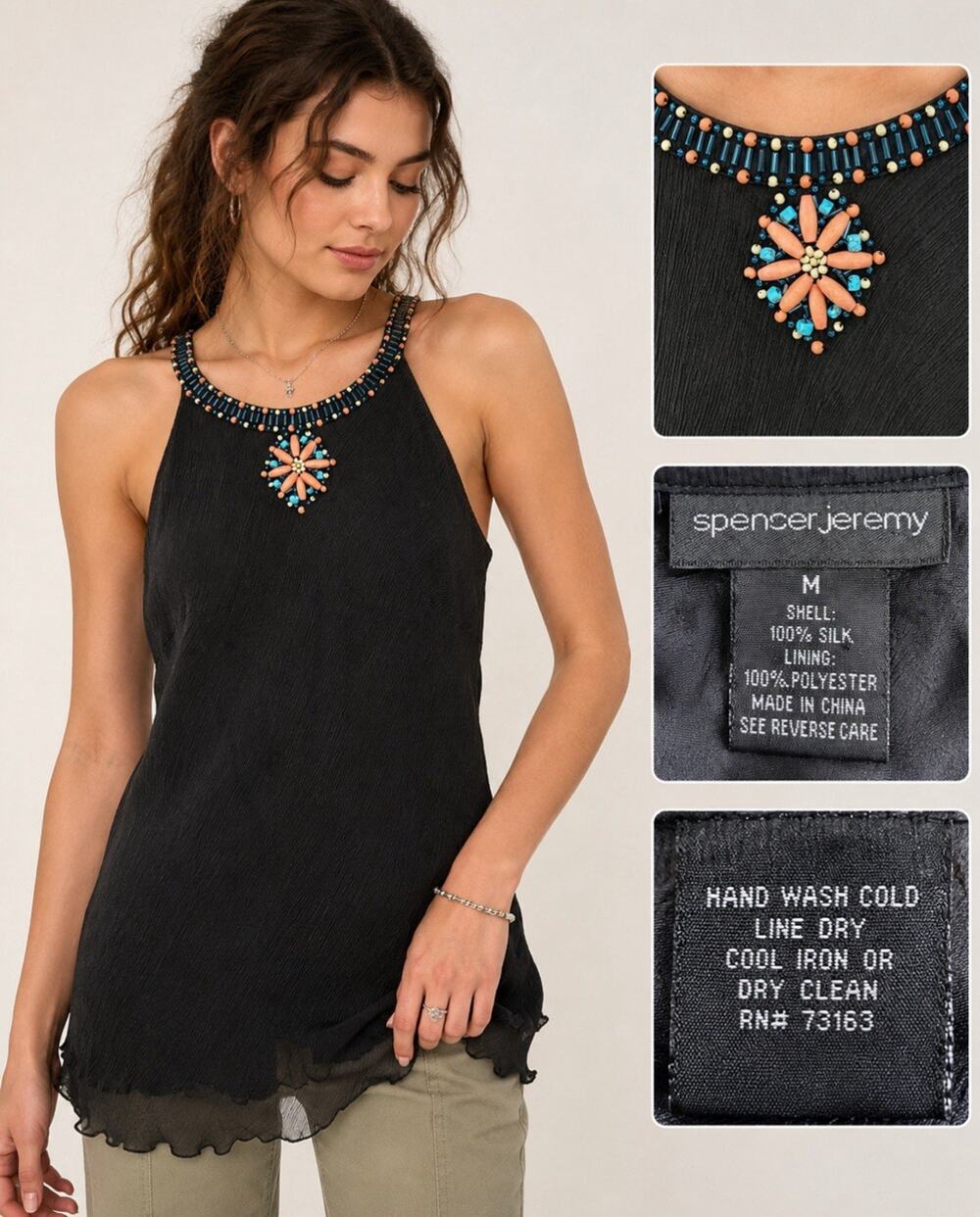 Y2K Boho Spenser Jeremy Women's Beaded Silk Tank Top Size M Black